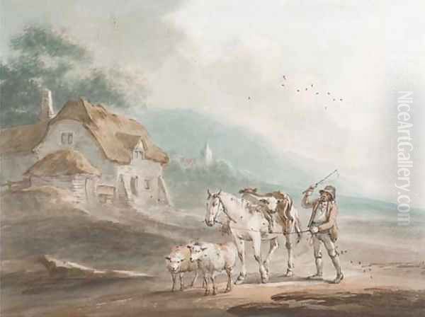 A drover with his horse, sheep and two calves, on the way to market Oil Painting by Peter La Cave