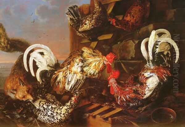 A Farmyard Scene with a Fox Attacking Bantams Oil Painting by Christian Luycks