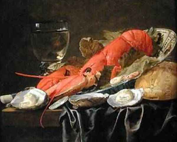 Still life with lobster shrimp roemer oysters and bread Oil Painting by Christian Luycks