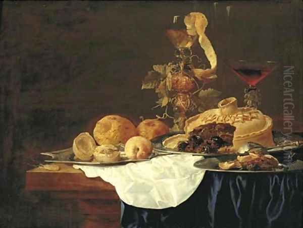 A pie on a silver plate, a lemon and peaches on a platter, with hazlenuts on a plate, a roemer and a glass of red wine on a partly-draped table Oil Painting by Christian Luycks