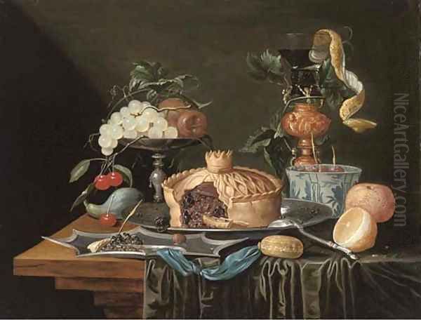 A pie on a pewter plate, grapes and cherries on a pewter tazza, a partly-peeled lemon in a glass roemer and a Dutch delft blue by Christian Luycks