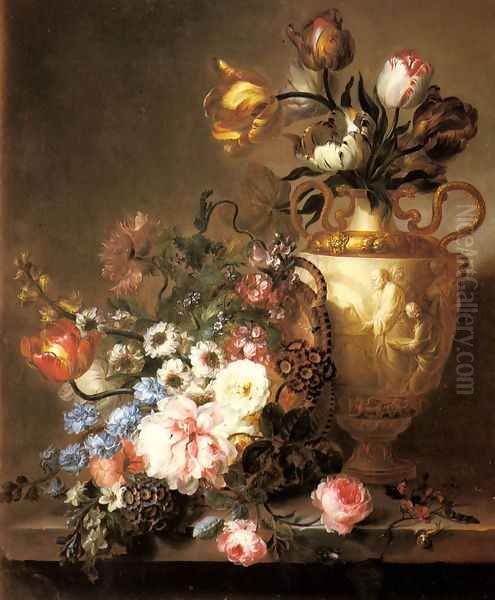 A Still Life with Assorted Flowers in a Basket and Tulips in a Classical Vase on a Ledge Oil Painting by Ange Louis Lesourd-Beauregard