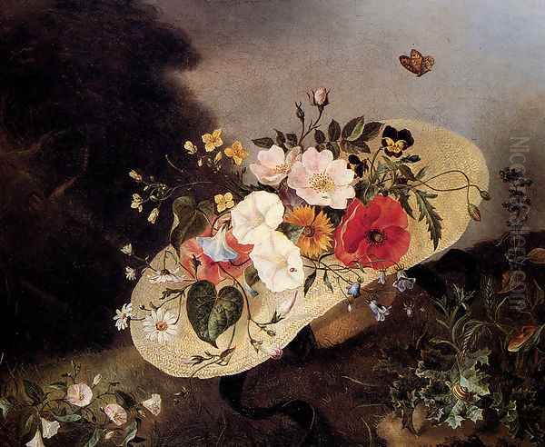 Still Life With Assorted Flowers In A Hat Oil Painting by Ange Louis Lesourd-Beauregard