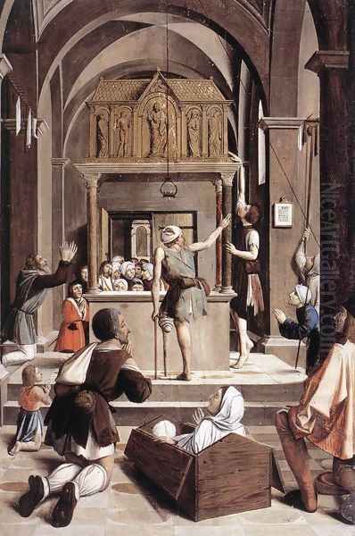 Pilgrims at the Tomb of St Sebastian 1497 Oil Painting by Josse Lieferinxe