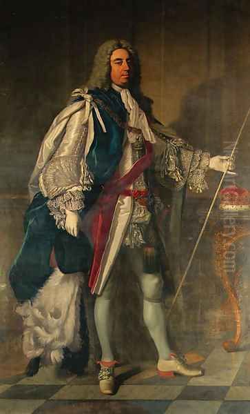 Portrait of Charles, 2nd Duke of Grafton (1683-1757), full-length, in Garter robes, holding a wand of office, beside a table on which rests his corone Oil Painting by Jean Baptiste van Loo