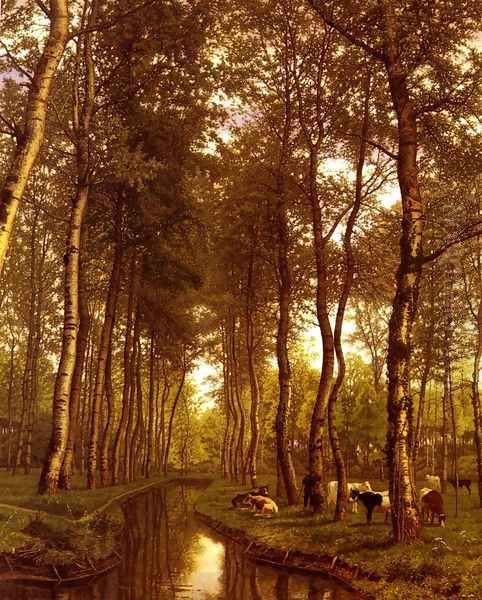 Bois De Trembles Au Bord Du Canal (A Canal in the Trembles Forest) Oil Painting by Jean-Pierre-Francois Lamoriniere