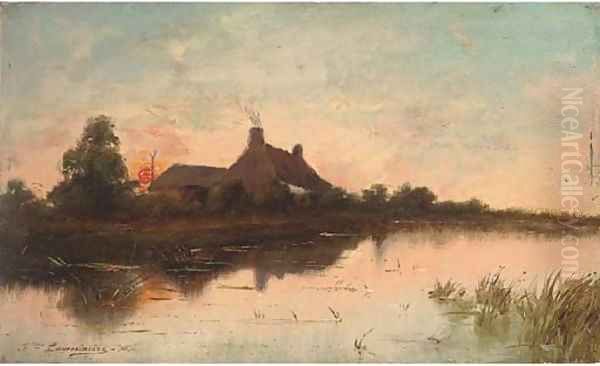 A riverside cottage at sunset Oil Painting by Jean-Pierre-Francois Lamoriniere