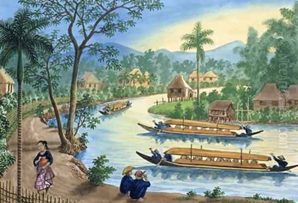 View near the Town of Tagnig on the Pasig River Oil Painting by Jose Honorato Lozano