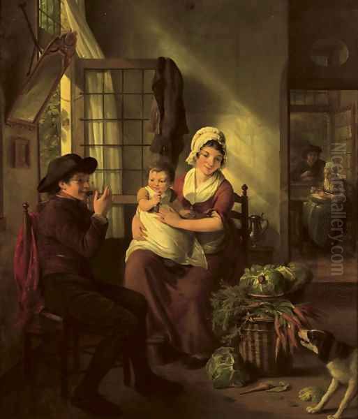 A family in an interior with a dog nearby Oil Painting by Adriaan de Lelie