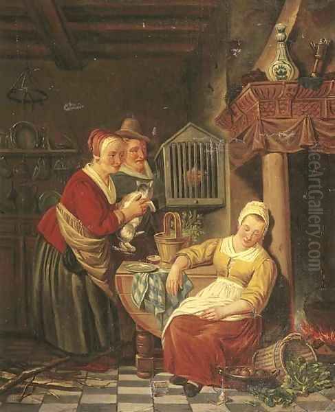 A kitchen interior with a maid asleep, her employers looking on Oil Painting by Adriaan de Lelie