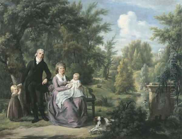 Group portrait of a gentleman and a lady, the latter seated on a bench, with their two children and dog in the park of Elswout, Overveen Oil Painting by Adriaan de Lelie