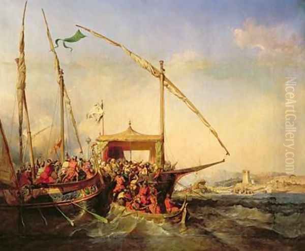 Naval Battle of Imbre in 1346 Oil Painting by Eugene Lepoittevin