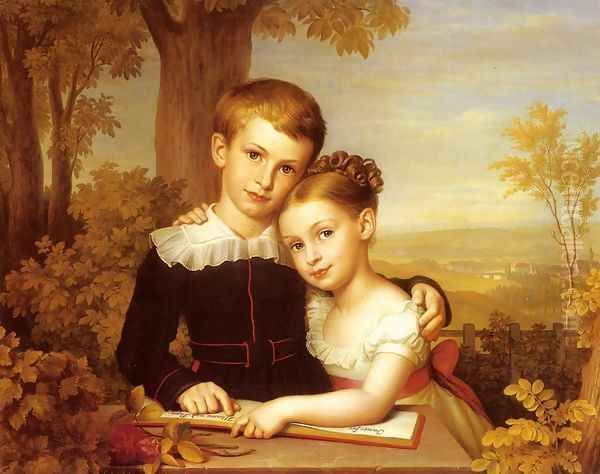 Portrait of two Children with an extensive Landscape beyond Oil Painting by Carl Jacob Leybold