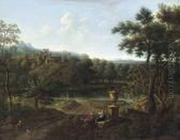 A Wooded Italianate Landscape With Figures Beside A Lake Oil Painting by Gaspard Dughet Poussin