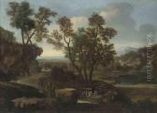 An Italianate Wooded River Landscape With A Shepherd And His Flockon A Track Oil Painting by Gaspard Dughet Poussin