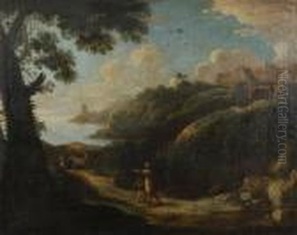 Figures On A Path In A Rocky Landscape Oil Painting by Gaspard Dughet Poussin