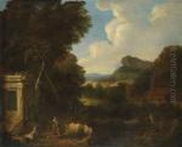 A Wide Mountainous Landscape With Amonument And Figures Oil Painting by Gaspard Dughet Poussin