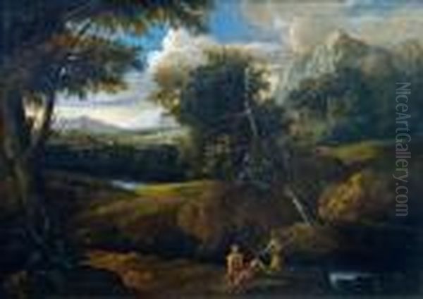 Personnages Au Bord D'une Cascade Dans Un Paysage Oil Painting by Gaspard Dughet Poussin