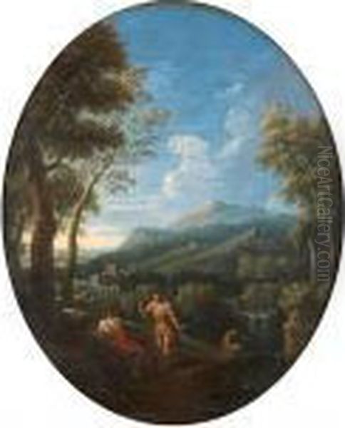 Antique Figures In A Classicallandscape Oil Painting by Gaspard Dughet Poussin