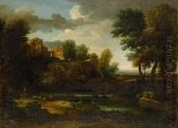 A Peasant Resting Beside His Dog, In A Classical Landscape Oil Painting by Gaspard Dughet Poussin