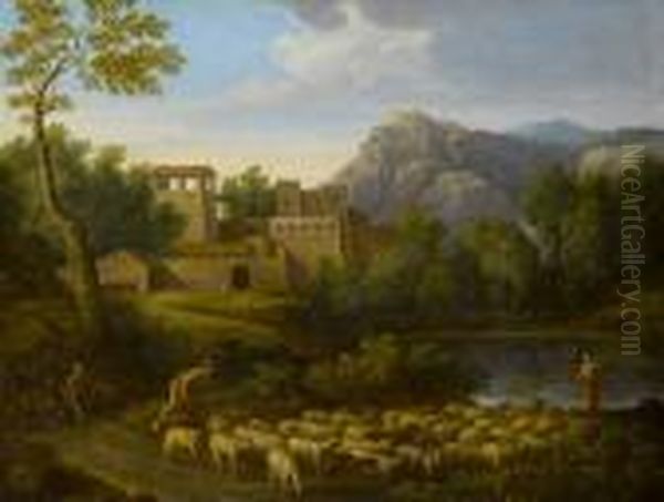 Classical Figures In An 
Italianate Landscape, Driving A Flock Before A Lake, A Village In The 
Distance And A Mountain On The Horizon Oil Painting by Gaspard Dughet Poussin