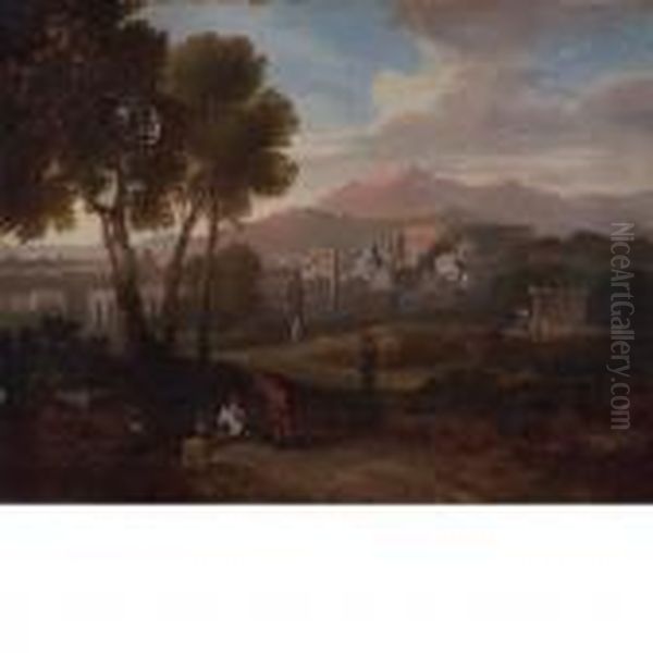 Figures In Landscape With Romein The Middle Distance Oil Painting by Gaspard Dughet Poussin