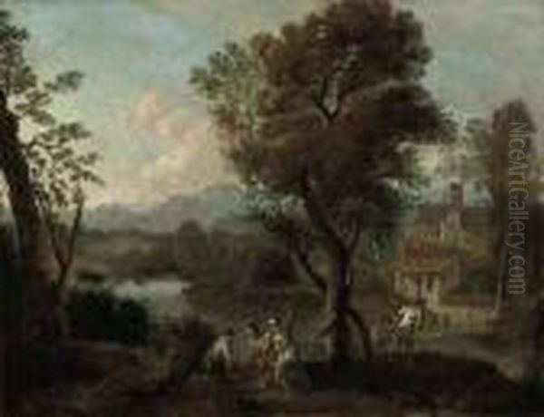 An Italianate River Landscape With Peasants Beside A Tree, A Fortified City Beyond Oil Painting by Gaspard Dughet Poussin