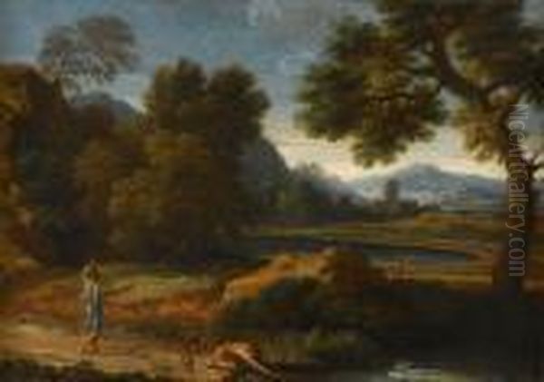 Figures In An Extensive Classical Landscape Oil Painting by Gaspard Dughet Poussin