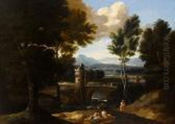 Figures Resting Before A Classical Landscape,a Bridge Beyond Oil Painting by Gaspard Dughet Poussin