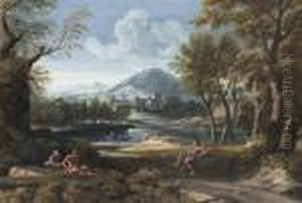 Flusslandschaft Mit Fischern Oil Painting by Gaspard Dughet Poussin