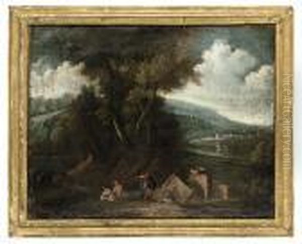 Classical Figures And Bathers In An Italianate Landscape Oil Painting by Gaspard Dughet Poussin