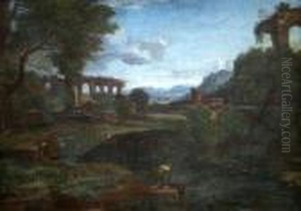 Figure By A Ruin In A Classical Landscape Oil Painting by Gaspard Dughet Poussin