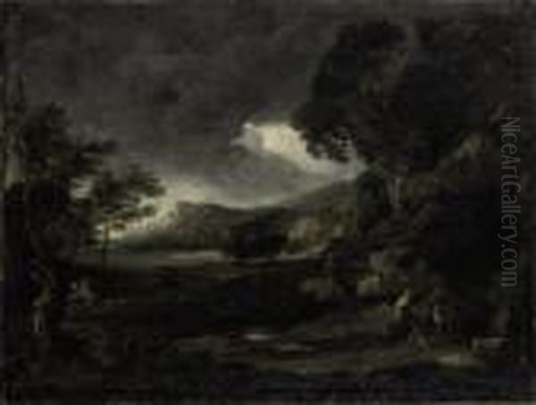 Landscape With Figures Seeking Shelter From The Stormyweather Oil Painting by Gaspard Dughet Poussin