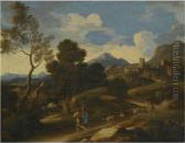 An Italianate Landscape With Goat Herders Driving Their Flock Along
The Path In The Foregound Oil Painting by Gaspard Dughet Poussin