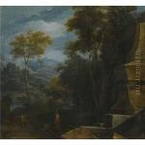 An Italianate Landscape With A Woman Fetching Water From Afountain Oil Painting by Gaspard Dughet Poussin