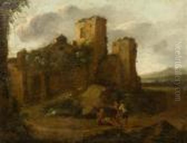 Three Men In Front Of A Ruin Oil Painting by Gaspard Dughet Poussin