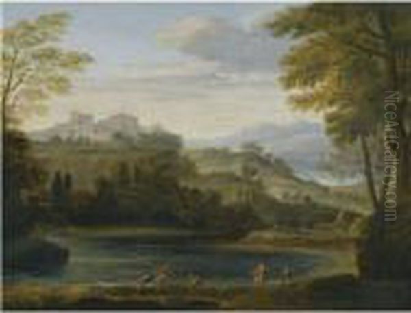 A Classical Landscape With Fishermen Drawing In Their Nets Oil Painting by Gaspard Dughet Poussin