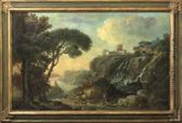 Castellated Landscape Capriccio Oil Painting by Gaspard Dughet Poussin