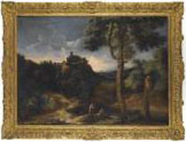 A Pair Of Italianate River Landscapes, Each With Figures Resting In The Foreground Oil Painting by Gaspard Dughet Poussin