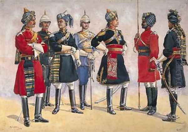 British Officers Indian Army Oil Painting by Alfred Crowdy Lovett