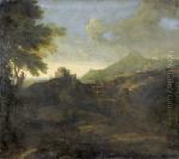 Abendliche Bukolische Landschaft Mit Stadt Und Staffage Oil Painting by Gaspard Dughet Poussin