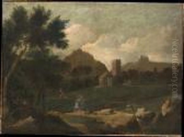 Paesaggio Con Figure E Torre Oil Painting by Gaspard Dughet Poussin