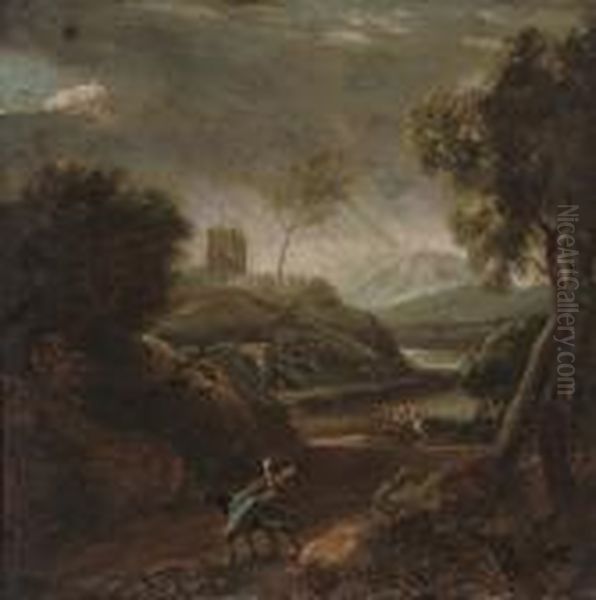 An Extensive Wooded River Landscape With Balaam And The Ass Oil Painting by Gaspard Dughet Poussin