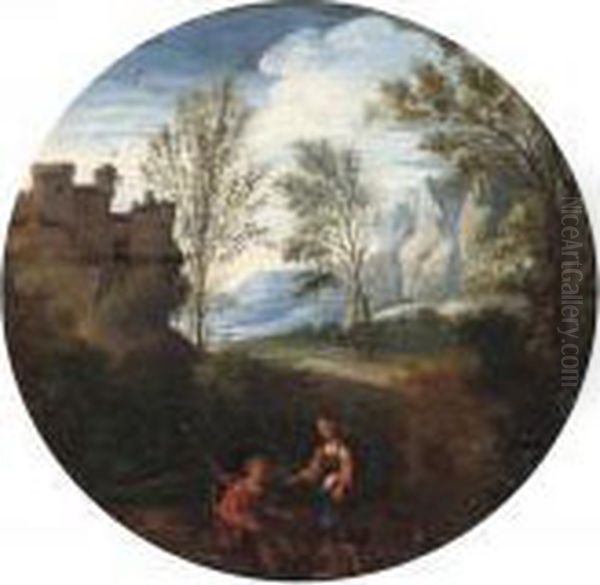 A Wooded Italianate Landscape With Figures In The Foreground, A Fortified Town Beyond Oil Painting by Gaspard Dughet Poussin