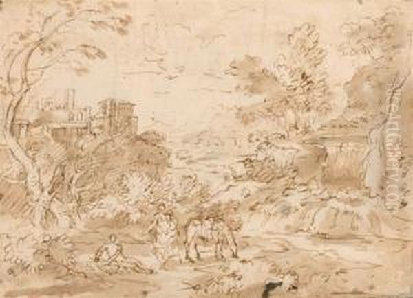 Italian Landscape With Resting Figures And Horse. Oil Painting by Gaspard Dughet Poussin