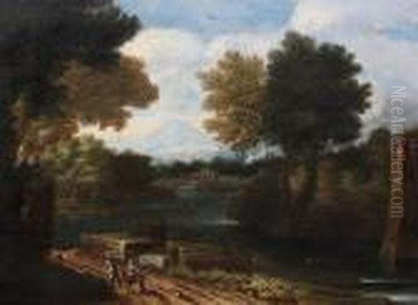 Travellers On A Road By A River Oil Painting by Gaspard Dughet Poussin