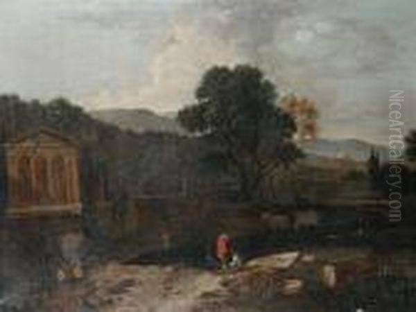 An Italianate Landscape With Ruins, Peasantsand Cattle By A River Oil Painting by Gaspard Dughet Poussin