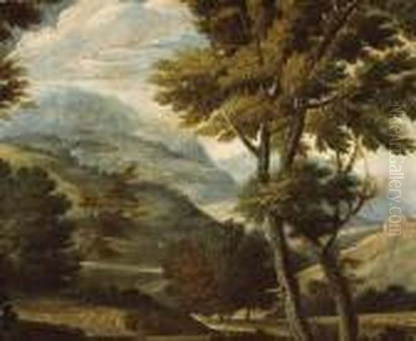 An Extensive Landscape With Figures On Aroad Oil Painting by Gaspard Dughet Poussin