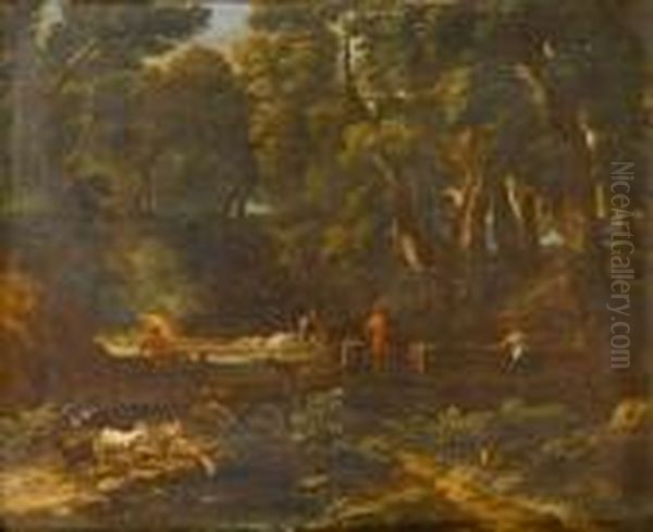 A Wooded Landscape With Shepherds Wateringtheir Flock At A Stream Oil Painting by Gaspard Dughet Poussin