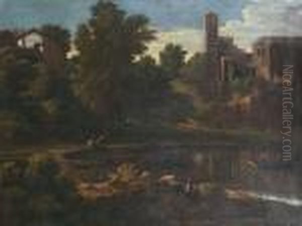 Paysage De Riviere Anime De Personnages Devant Une Ville Oil Painting by Gaspard Dughet Poussin